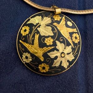 Vintage Damascene Round Pendant Medallion Gold Tone and black enamel Necklace